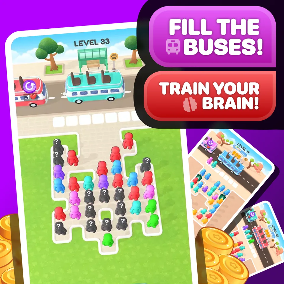Brain Bus promotional artwork with colourful passenger and bus puzzles