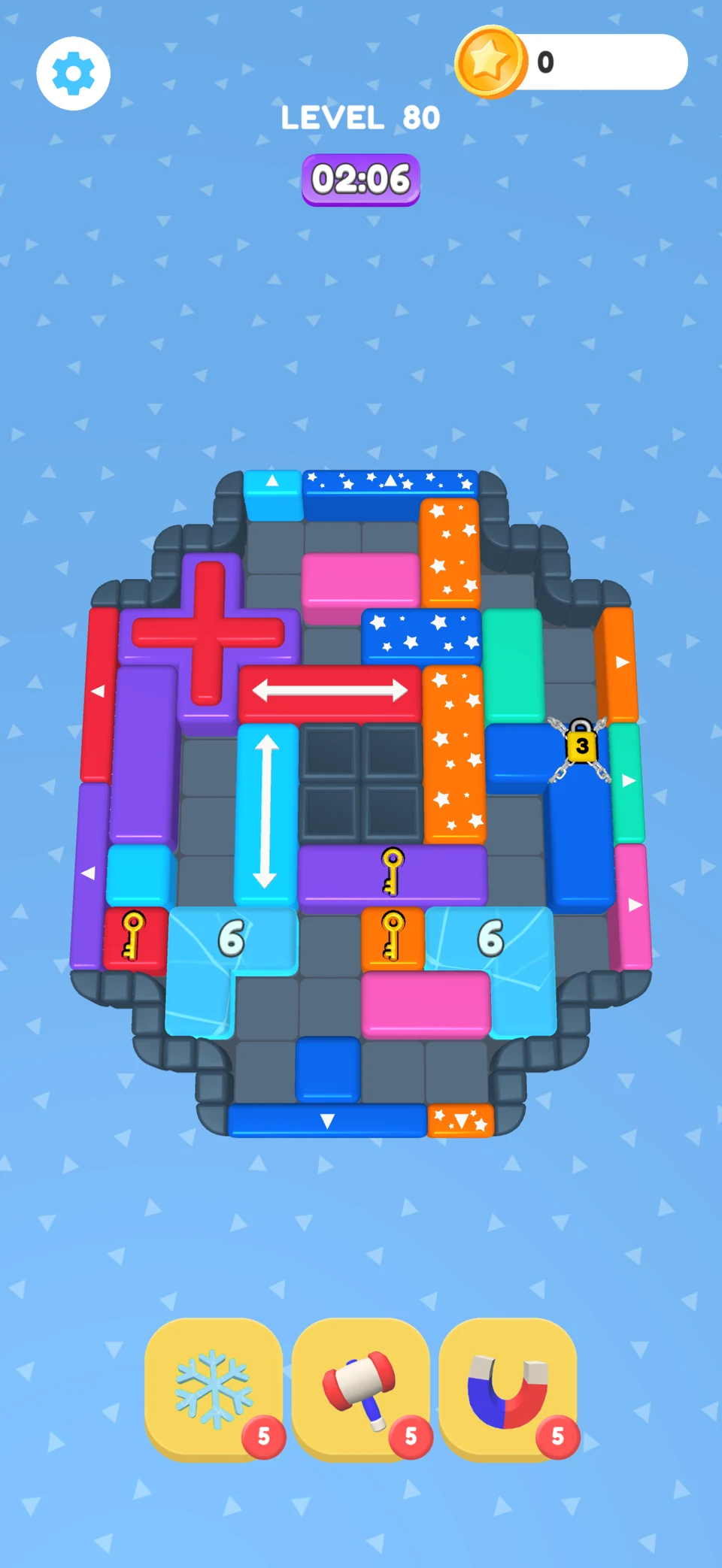 Color Jam level 80 with colourful sliding blocks, keys, locked pieces and frozen blocks