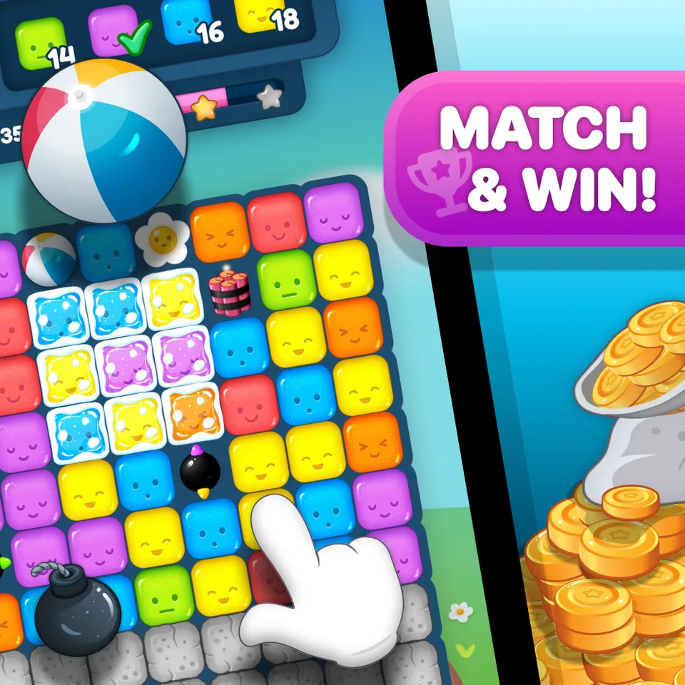 MATCH & WIN promotional artwork with match-three levels