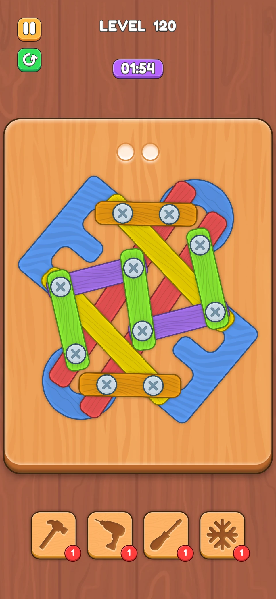 UnScrewed level 120 with overlapping colourful wooden planks and screws