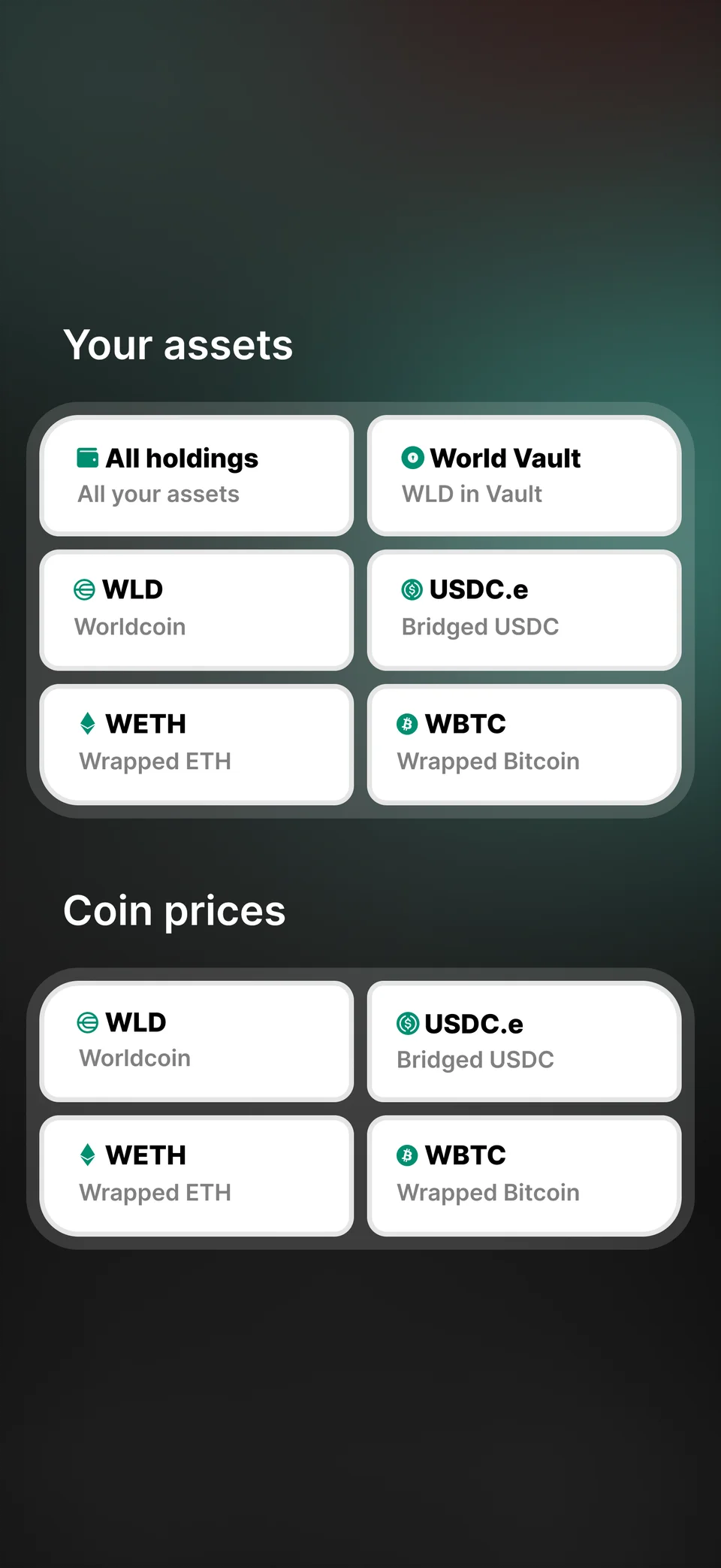 Asset One asset menu with All holdings, World Vault, WLD, USDC.e, WETH and WBTC