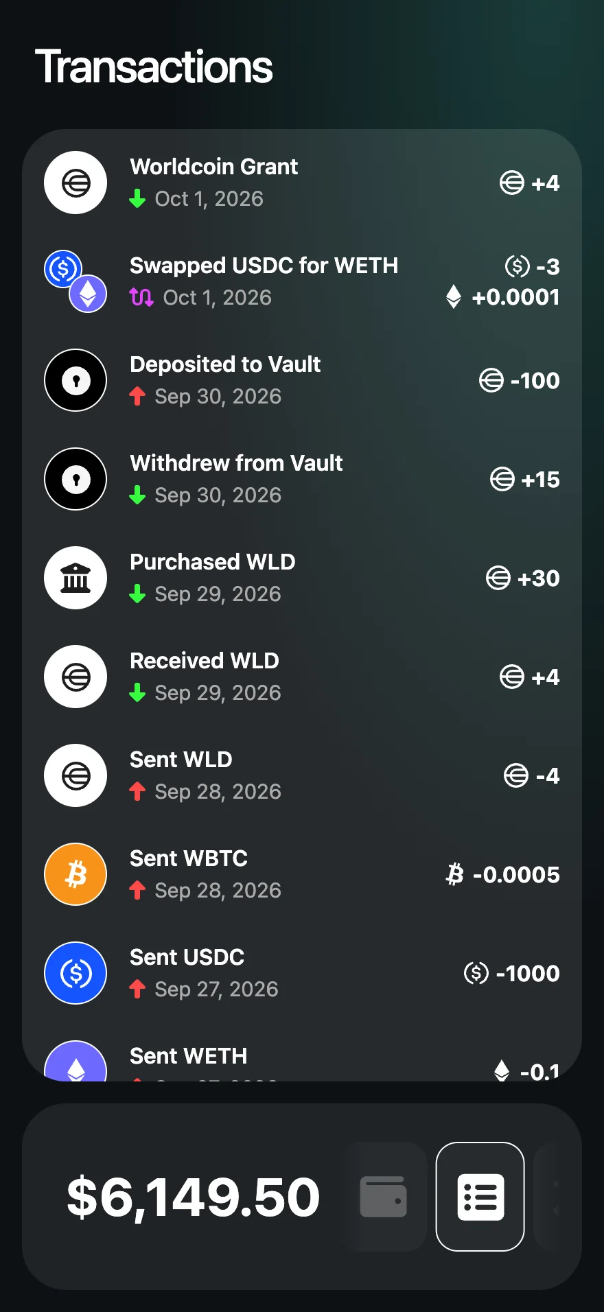 Asset One transaction history showing sample grants, swaps, vault deposits and crypto transfers