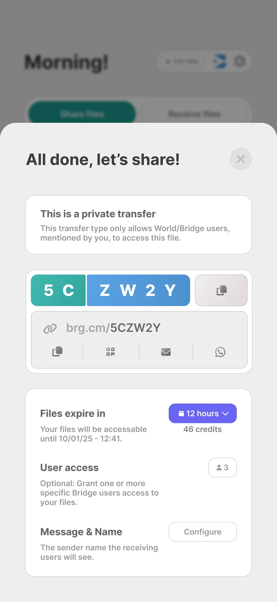 Bridge private-transfer sharing dialog with a transfer code, expiry and user access settings