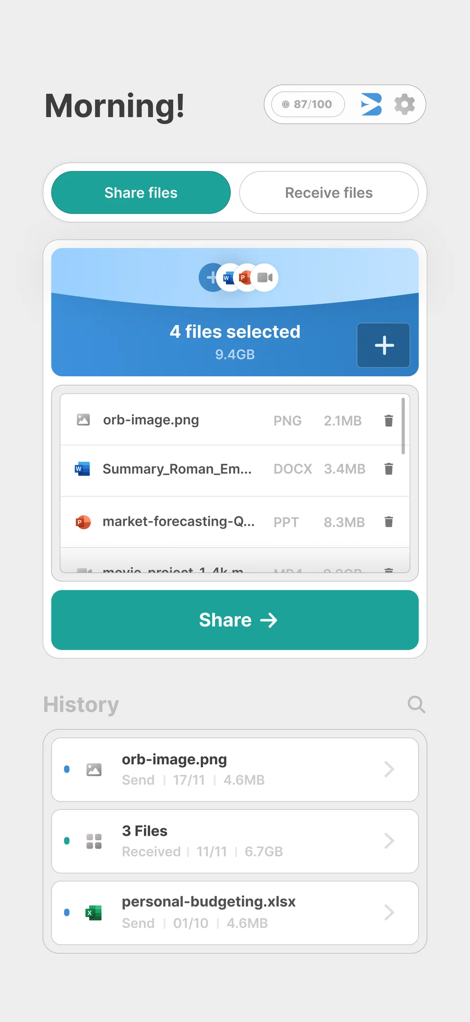 Bridge home screen with four selected files, a Share button and transfer history