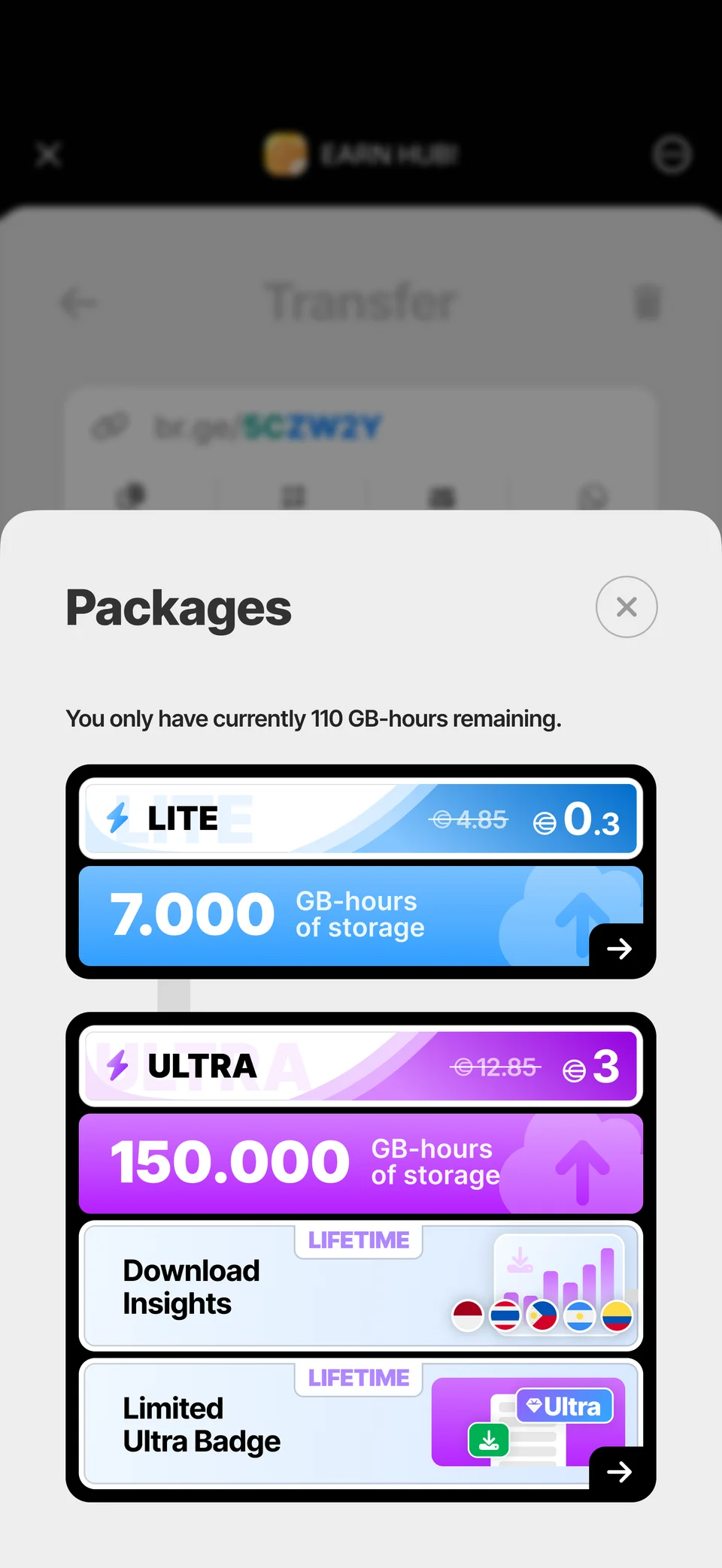 Bridge storage packages dialog showing Lite and Ultra plans and included features