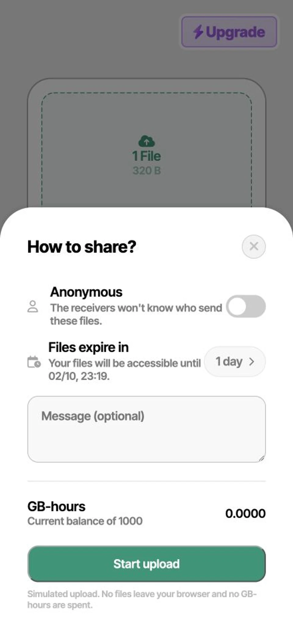 Bridge cloud-sharing interface with expiry, anonymity and an optional message