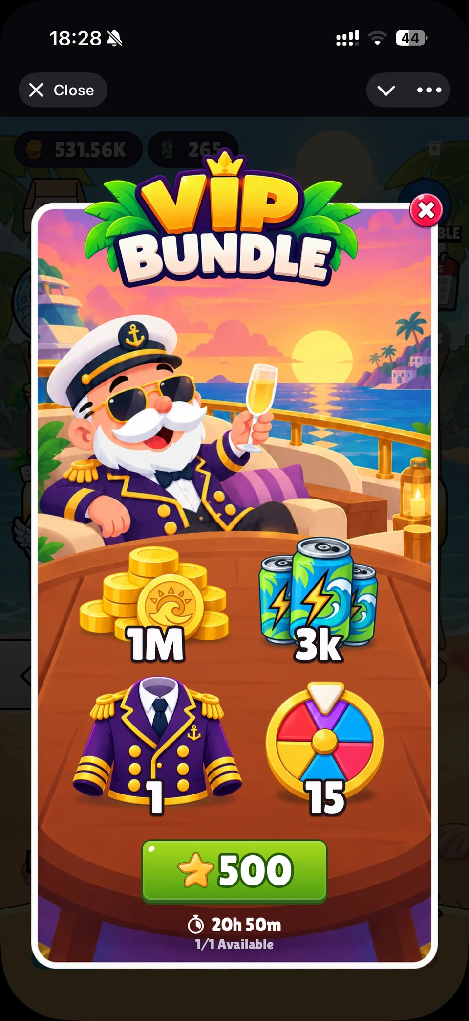 VIP bundle dialog showing included coins, energy, clothing and spins, with a purchase button