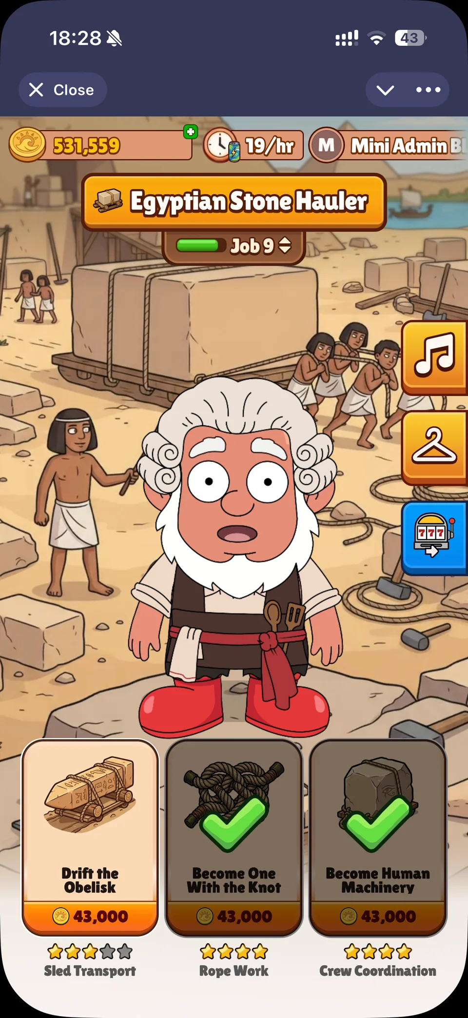Pebbler career scene showing a character in an Egyptian quarry above three progression cards