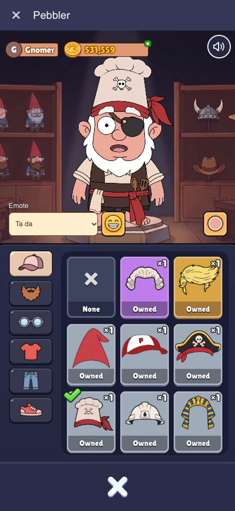 Pebbler Gnome changing room with a Pirate Cook Gnome, clothing categories and a wardrobe grid