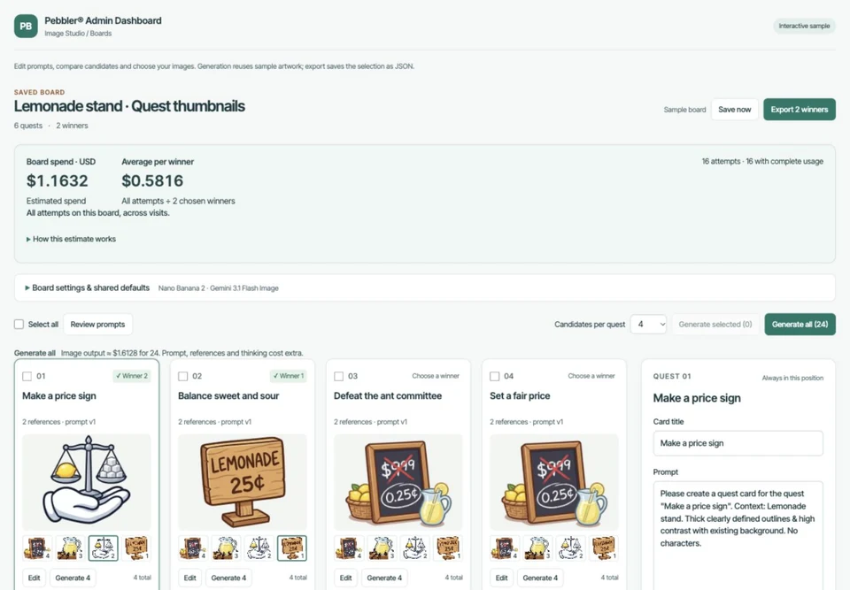 Pebbler Image Studio with image candidate cards and a prompt editor