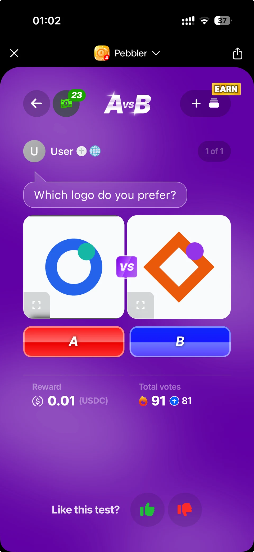 Pebbler A vs B asking Which logo do you prefer, with a blue circle and an orange diamond, A and B voting buttons, a 0.01 USDC reward and 91 total votes