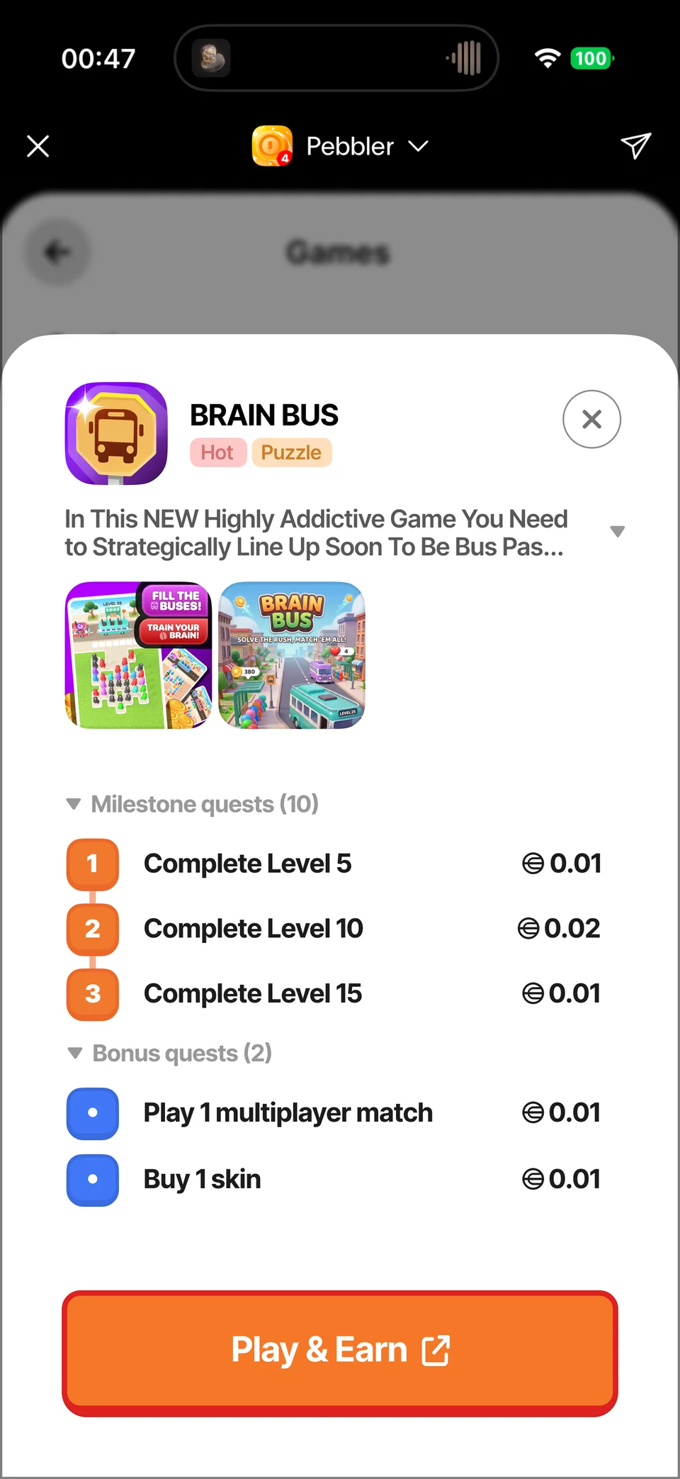 Pebbler Brain Bus game details showing milestone quests, bonus quests, and Play & Earn