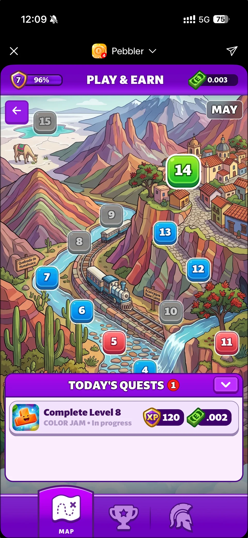 Pebbler Play & Earn map showing mountain scenery, daily markers, and a Color Jam quest