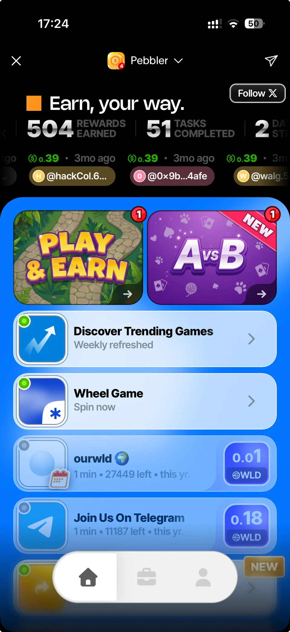 Pebbler home screen in World App showing earned rewards, Play & Earn, A/B tasks, and games
