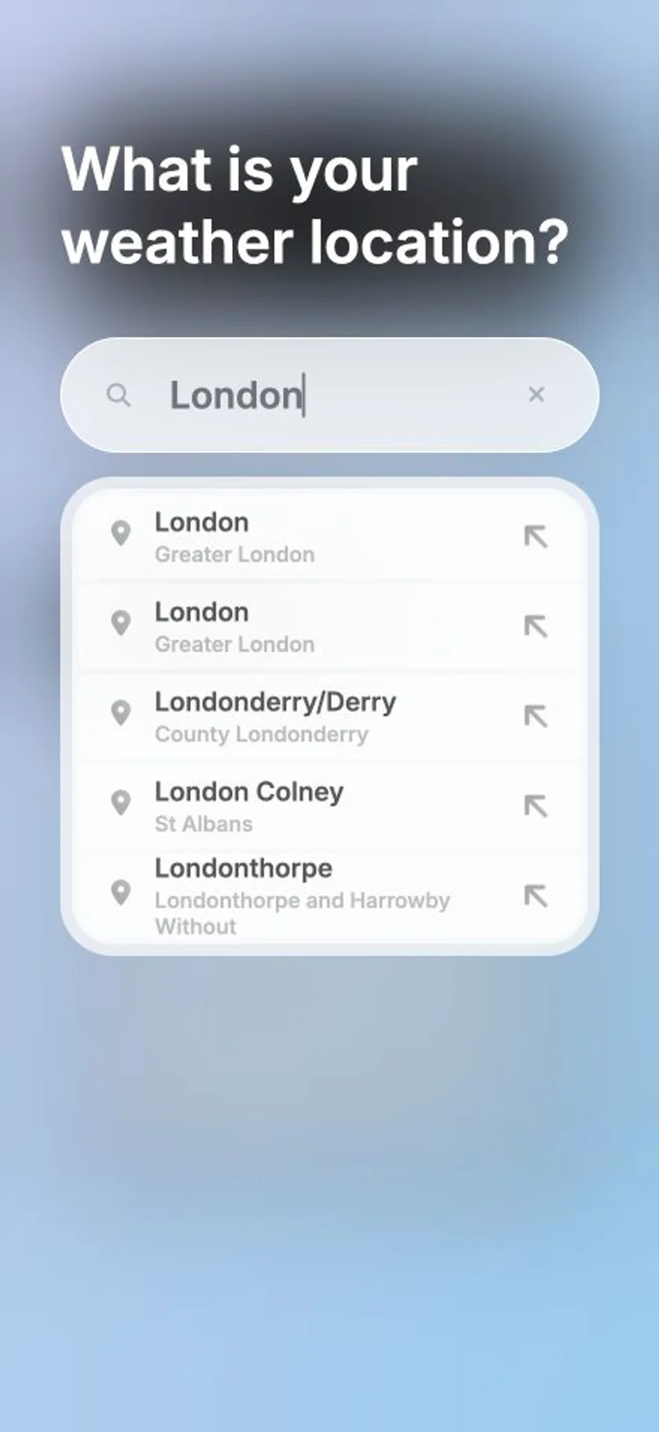 Skye city search displaying London autocomplete results