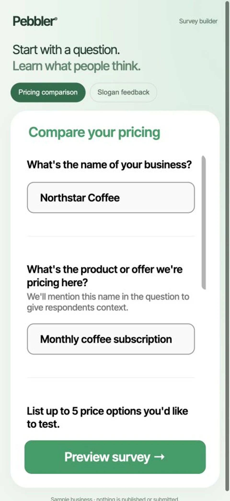Pebbler survey builder showing business name, product and pricing options