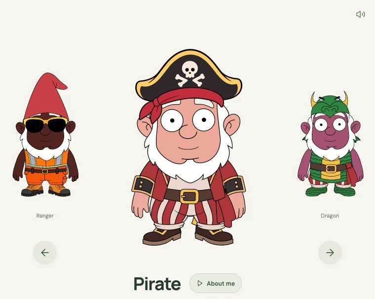 A pirate gnome with Ranger and Dragon characters on either side