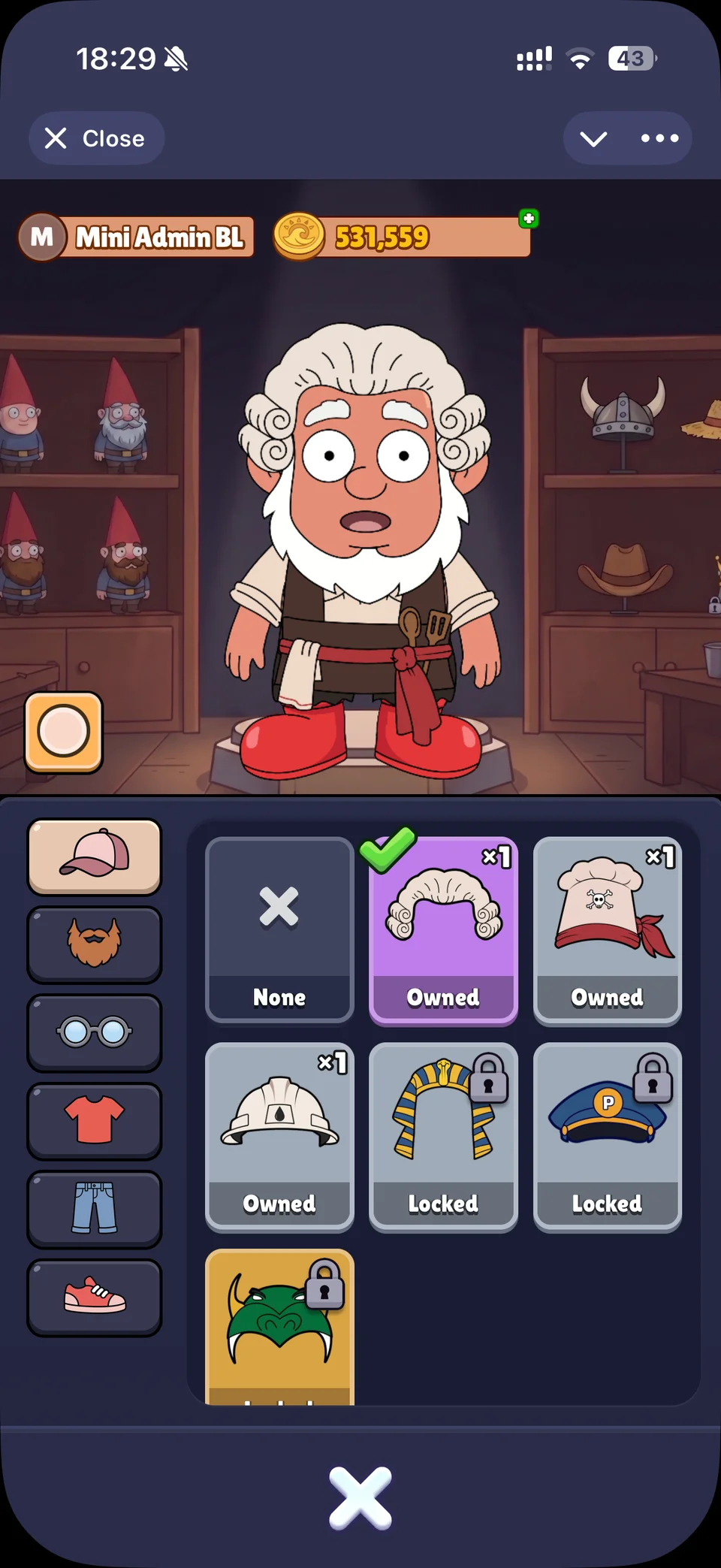 Pebbler wardrobe interface showing a character and a grid of hats in owned and locked states